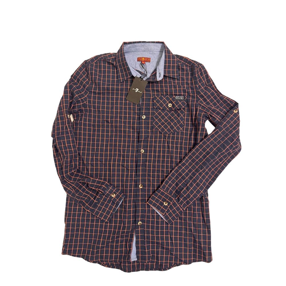 NWT 7 For All Mankind Boys Button Down Shirt Navy/Orange Pattern Size XL